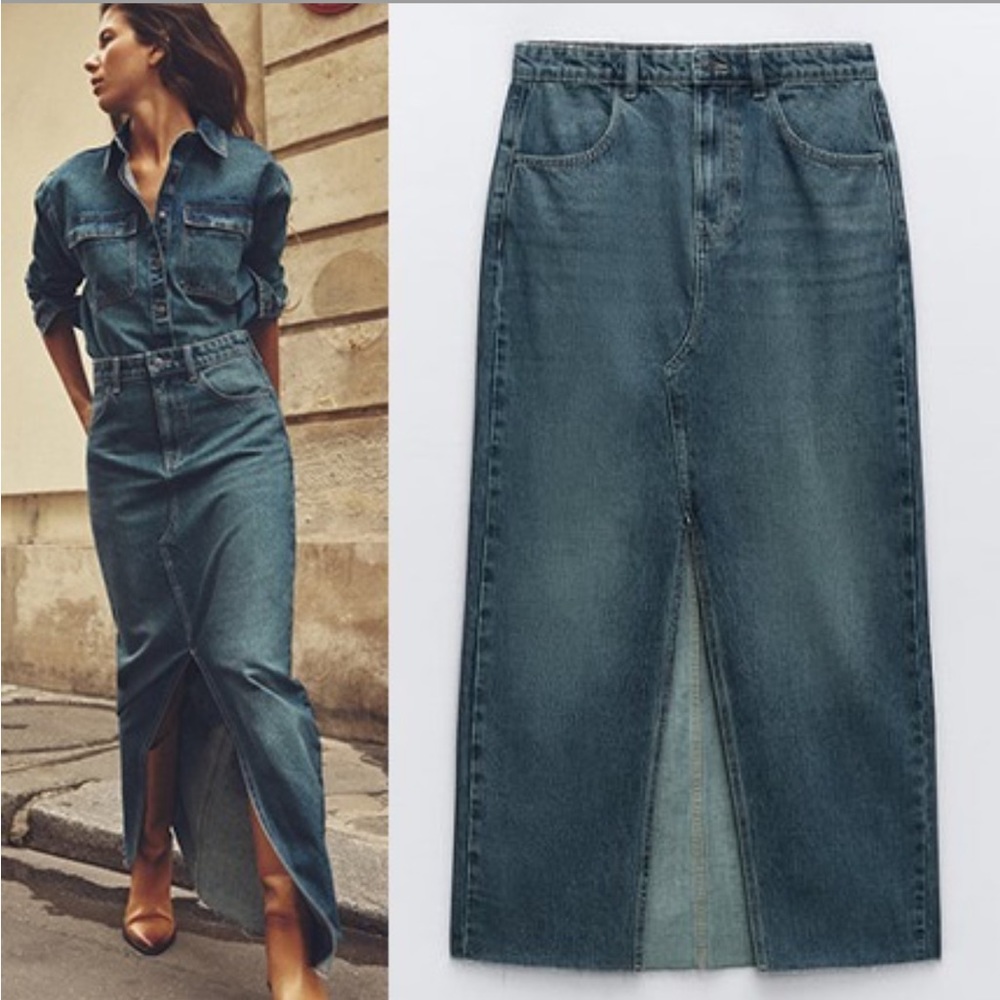 Zara set Long front Slit Denim High waist Skirt & Jacket Indigo Dark Blue S NWT - Picture 5 of 16